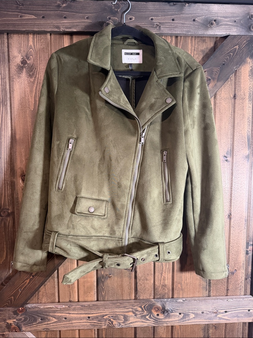Noisy May Olive Green Suede Moto Jacket